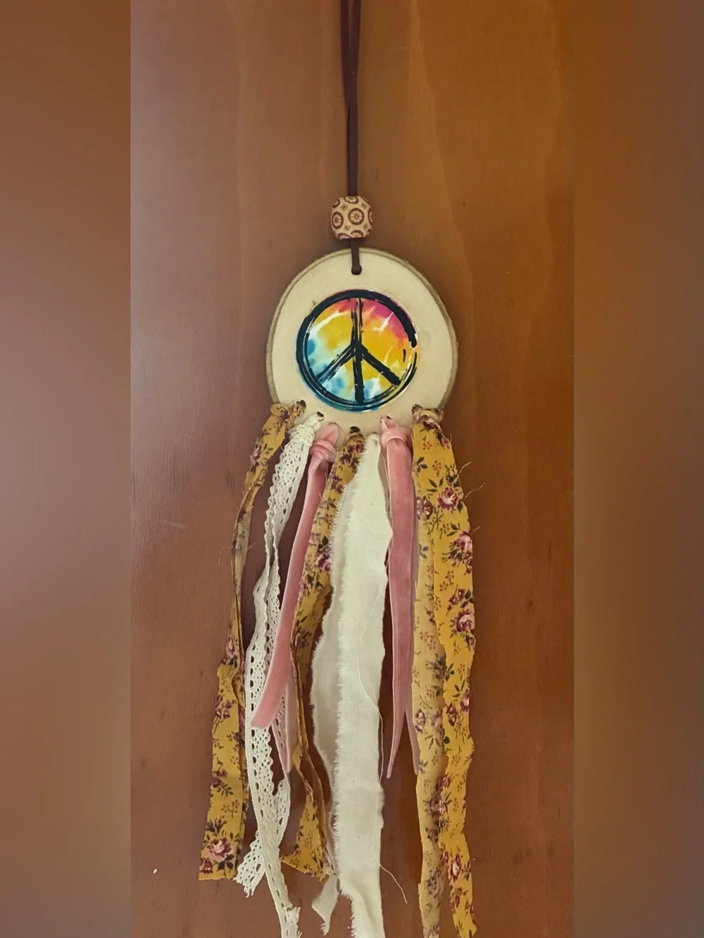 Handmade Boho Yellow & Pink Peace Sign Hanging Wall Décor